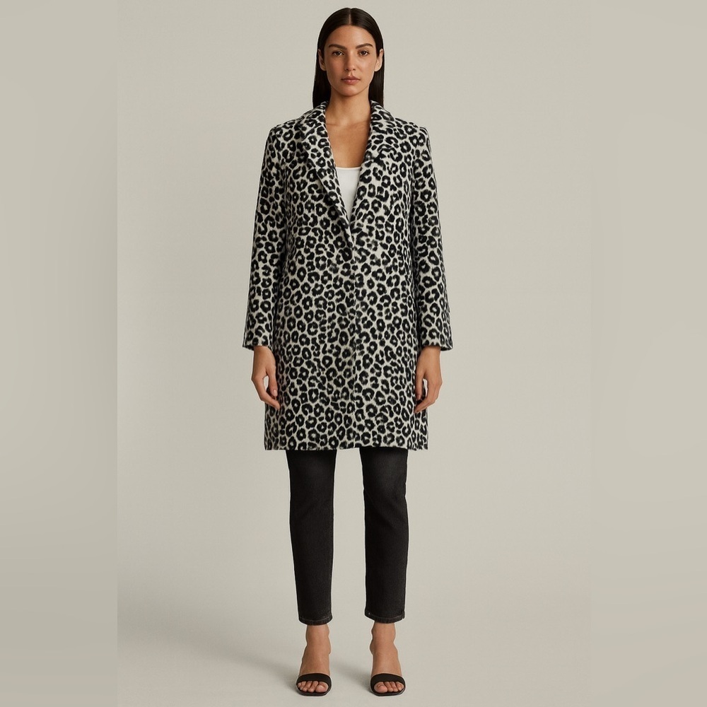 Maje “Garouney” wool blend animal leopard print long line button front coat.S